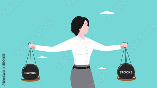 stock and bonds in balance concept illustration, weight ball on scales pictured as balanced balls on scale that symbolize harmony and equity between Stock and bonds that is good and beneficial