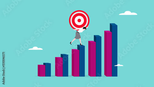 effort to achieve business goal or target, with the concept of business people climbing the growth graph while carrying a target board, struggle in achieving career success