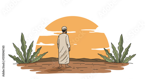 Man in traditional clothing standing in desert landscape during sunse