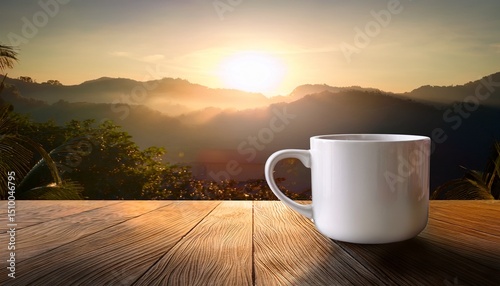 white ceramic mug on wooden table with morning light”_ 