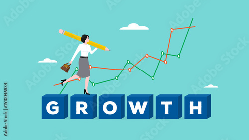 professional businesswoman walking on the growth box with business growth graph, business growth process with creative strategy, business and financial grow concept vector illustration with flat style