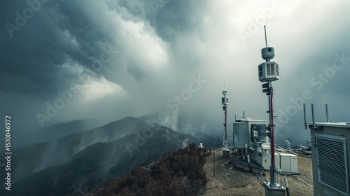 Weather monitoring towers on a hilltop under a dramatic stormy sky photo