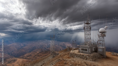 Mountaintop Weather Station with Fire Monitoring Equipment in Rugged Alpine Environment - Meteorological Technology in Remote Wilderness