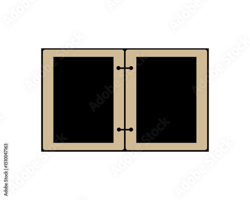 A minimalist illustration of two closed wooden cabinet doors with black panels and a simple latch detail in the center, set against a white background.