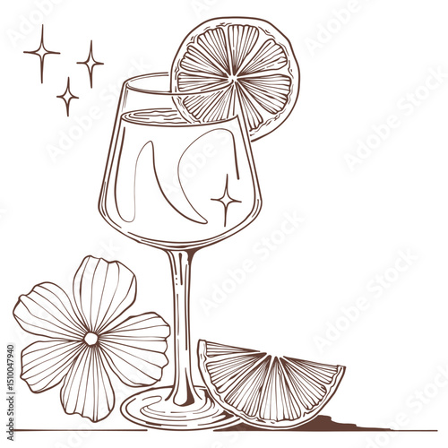 Sketch of Alcoholic cocktail with lemon. Glass of drink. Isolated black and white vintage engraving. Hand drawing. Vector illustration cocktail drink beverage for holiday celebrating.