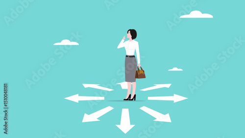 choose business strategy or career journey, looking for solutions or innovations in overcoming life's problems, challenges in selecting opportunities, businesswoman are confused choosing a direction