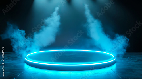 Futuristic cyberpunk neon stage with smoke effect and bright glowing light display
