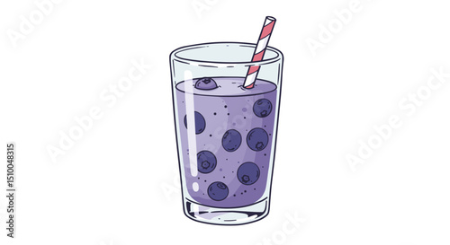 Glass of blueberry kefir smoothie with straw on a white background
