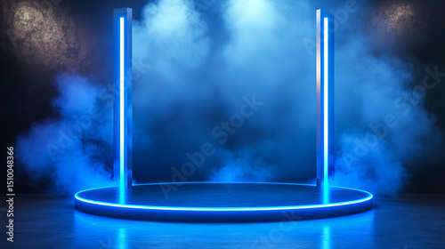 Futuristic stage design illuminated with blue neon lights and enveloping atmospheric smoke
