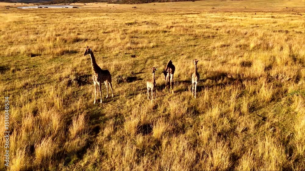 Tower of Cape giraffes standing still in golden grassland, sunrise aerial arc