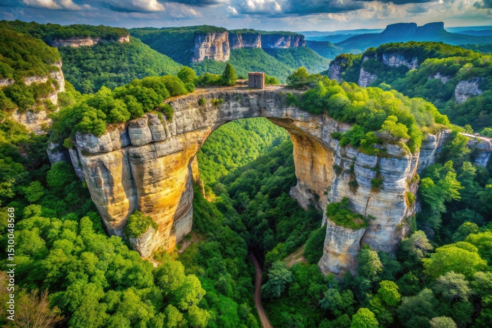 Obraz premium Aerial View of Majestic Stone Arch with Scenic Landscape, Natural Rock Formation, Breathtaking Views, Adventure Destination, Nature's Masterpiece.