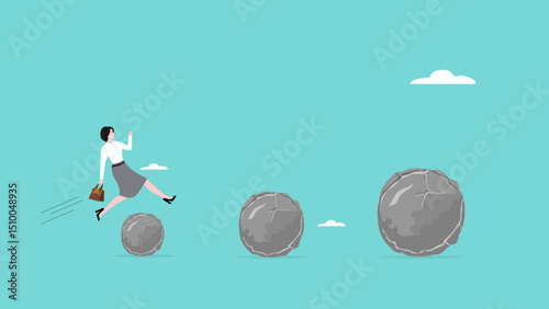 Overcome obstacle to career success or financial freedom, Confident businesswoman jumping over big rock obstacles to success vector illustration