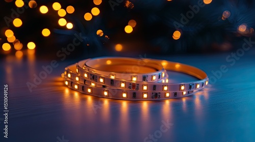 Emitting warm glow versatile LED strip lights illuminate a cozy space with a bokeh background soft
