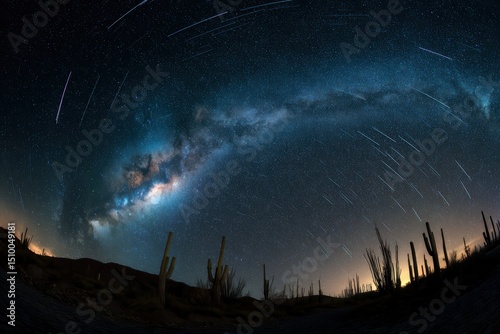 Milky Way galaxy shining over a desert landscape with cacti and mountains photo