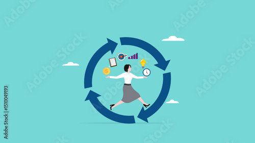 habitual procedures leading to business or career success, discipline or working efficiency, businesswoman carry out work with a circle of good work habit
