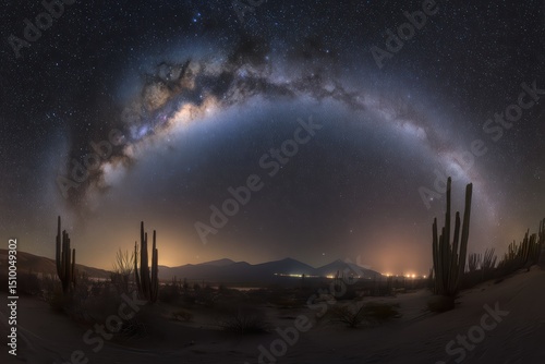 Milky Way galaxy shining over a desert landscape with cacti and mountains photo