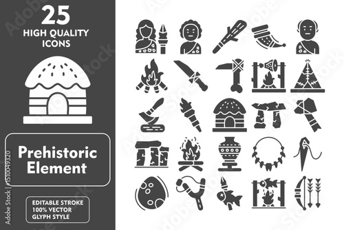 Prehistoric Element Glyph Icon Set. Incleded Icons Hunter Female, Primitive, Cudgel, Horn, Old Man, Bonfire, Knife, Hoe, Cooking, Tent, Axe, Torch. Vector Icons Collection