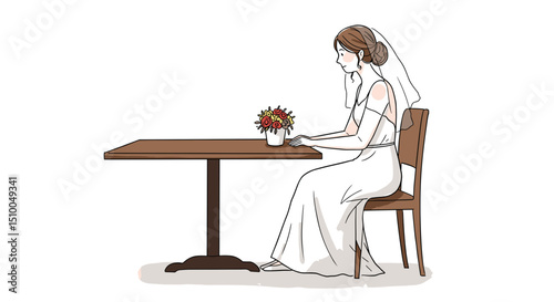 Bride in wedding dress sitting at a table with a flower pot on white background
