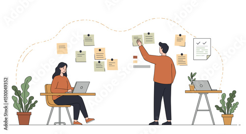 Two colleagues brainstorming together in a modern office with sticky notes on the wall