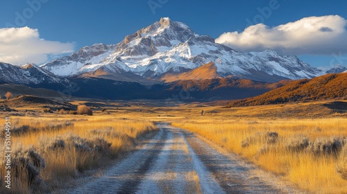 Majestic snow-capped mountain in the distance with a winding dirt road through golden grassland at sunset
