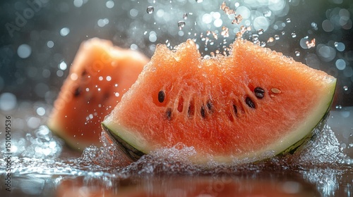 Watermelon slices splashing in fresh water under bright sunlight on a summer day