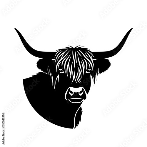 Highland cow portrait isolated on white background, a scottish cattle breed with long horns and shaggy hair, a vector illustration of a domestic farm animal