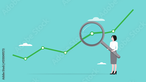 investment analysis statistic, financial investment business analysis, analyze stock market or crypto currency data movement, person with magnifying glass analyzes investment statistics graph