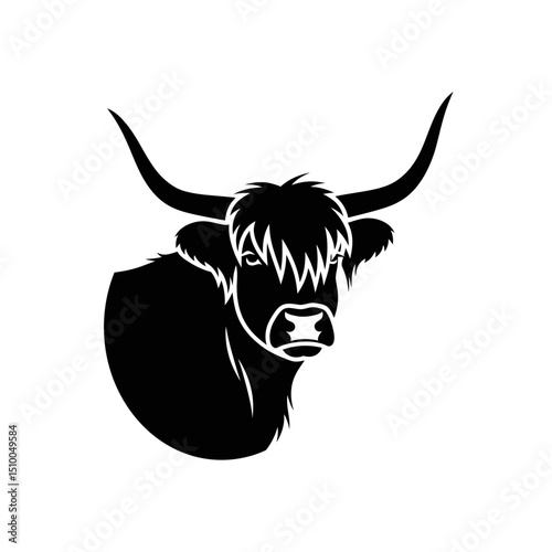 Highland cow head with long horns isolated on white background, a Scottish cattle breed in a black silhouette vector illustration for graphic design and decoration