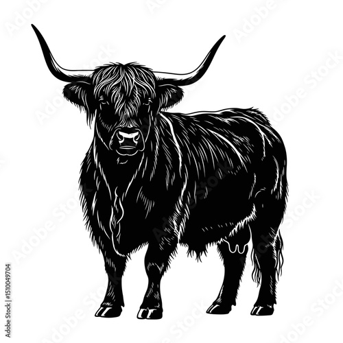 Highland cattle isolated on white background, a furry scottish breed with long horns, standing in a vector illustration, perfect for farm and agriculture themed designs