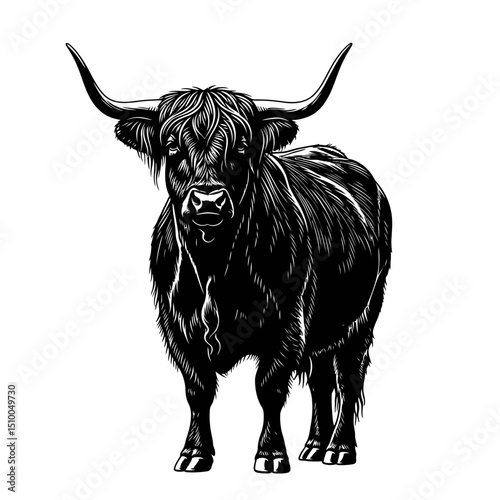 Highland cattle bull isolated on white background, a scottish breed of domestic livestock with furry hair and long horns, in a black and white vector illustration
