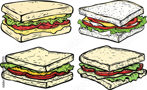 Sandwich Vector Illustration, Bread, Cheese, Tomato and Lettuce.