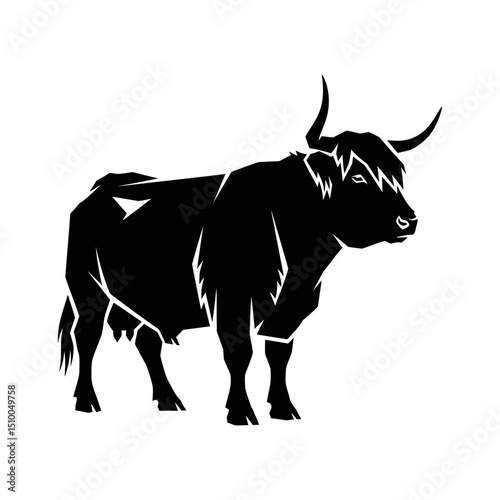 Highland cattle silhouette isolated on white background, a scottish breed of domestic livestock with long horns and shaggy fur, standing in a minimalist vector illustration
