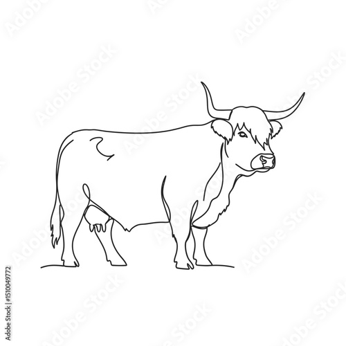 Highland cow isolated on white background in a minimalist line art style, showcasing the animal's distinctive horns and shaggy coat in a simple, elegant design