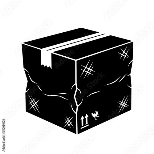 Damaged cardboard box isolated on white background with fragile handle with care symbol, cracks and scratches, vector illustration for delivery and shipping services