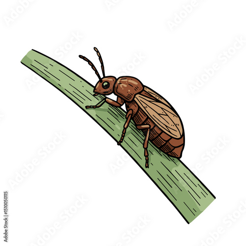 Close-up of a brown insect crawling on green grass blade on white background