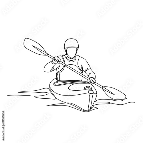 Continuous line drawing of a person kayaking with a paddle on the water, showcasing a minimalist and sporty outdoor activity