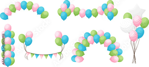 Balloon decoration arches and garlands, blue, green color,  cartoon vector illustration set