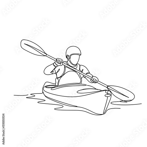 Continuous line drawing of a person kayaking with paddle, isolated on white background, showcasing water sport, adventure, and minimalist design in a single stroke