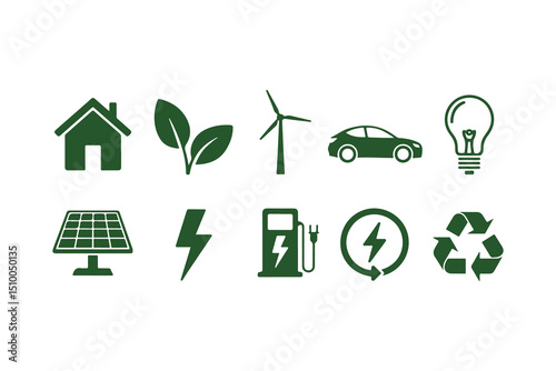 Green icon symbols convey themes of sustainability, energy, and environmental awareness on a transparent background