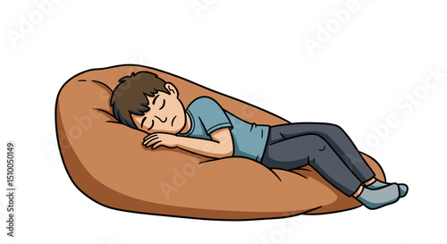 Young boy sleeping peacefully on a large bean bag chair on white background