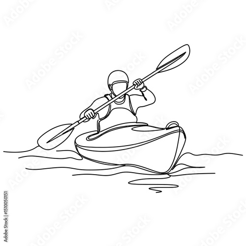 Continuous line drawing of a person kayaking with a paddle isolated on white background, showcasing the sport, adventure, and minimalist design