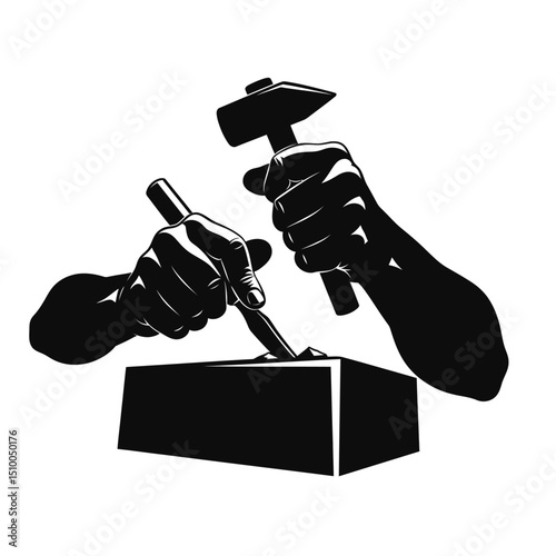 Hands using hammer and chisel to carve stone, isolated on white background, showcasing the art of sculpture and craftsmanship with traditional tools