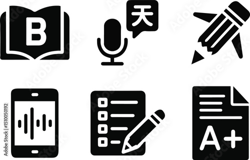 Education and Learning Icon Set – Study, Test, Writing, and Language Vector Symbols