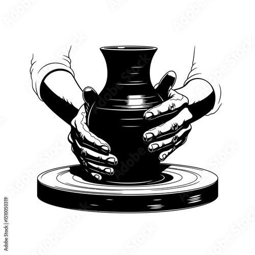 Hands shaping clay on a pottery wheel, creating a ceramic vessel, isolated on white background, showcasing traditional craftsmanship and artistic skill
