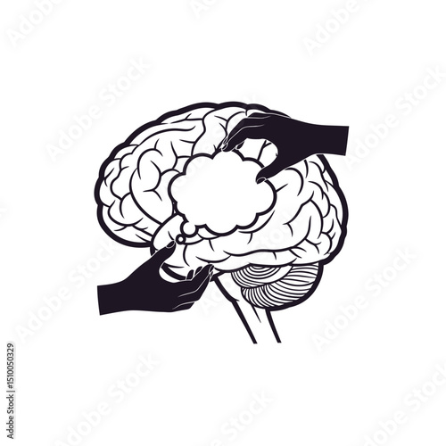 Human brain held by hands, representing thoughts, ideas, and mental health, isolated on white background