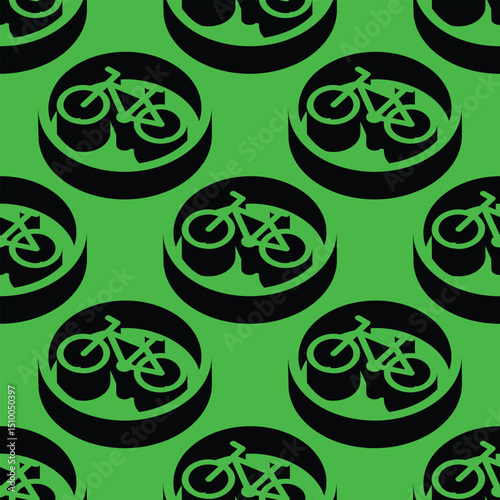 Isometric vector pattern featuring bicycle zone icons in circular 3D shapes on a green background. Bold negative space and contrast for eco transport or bike lane designs.
