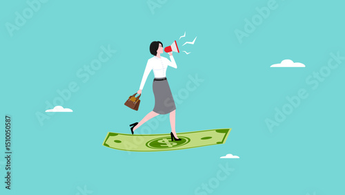 product promotion or advertising with money, internet or online marketing, public announcement, creative retail strategy, promotional businesswoman using megaphone while flying with banknotes