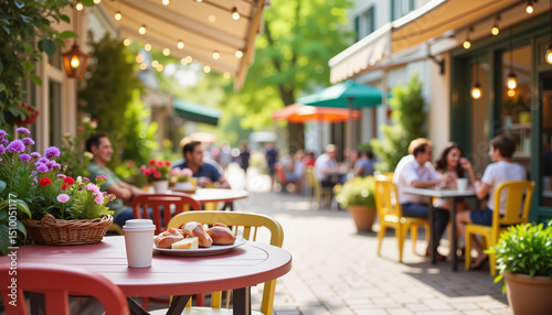 Cheerful patrons enjoying coffee at lively outdoor café, spring ambiance