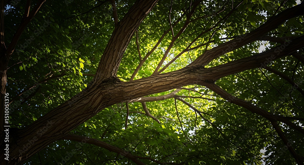Fototapeta premium Looking Up at Tree Branches with Green Leaves and Sunlight