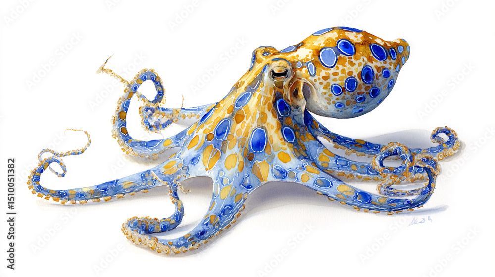 Obraz premium A lone watercolor blue-ringed octopus